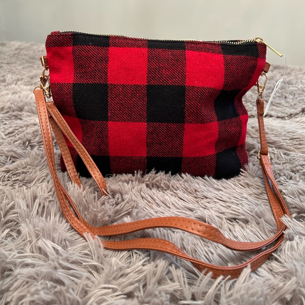 Buffalo Plaid Crossbody Bag – Red & Black Checkered Purse with Leather Strap